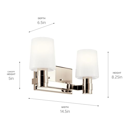 Image of Kichler Adani 2-Light Bathroom Vanity Light Fixture, Modern Wall Mount Light with Opal Glass in Polished Nickel for Powder Room or Mirror Lighting (8.25 inch x 14.5 inch), 55175PN