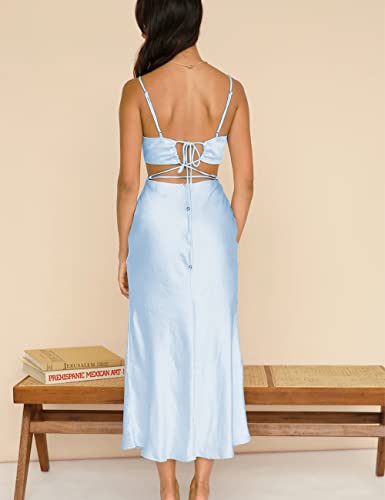 Image of Women Satin Cutout Slip Backless Maxi Dress V Neck Spaghetti Strap Bust Ruched Back Tie Strap Midi Dress for Wedding Guest Blue