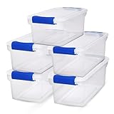 Homz Plastic Storage, Modular Stackable Storage Bins with Blue Latching Handles, 7.5 Quart, Clear, 5-Pack