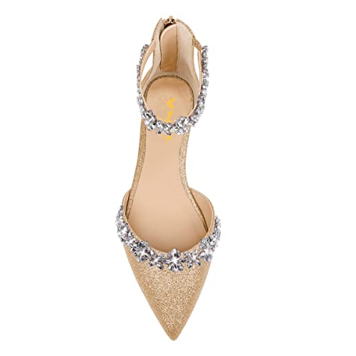 Image of XYD Women Classic Pointed Toe D'Orsay Wedding Flat Sandals Sparkly Rhinestones Ankle Strap Low Heel Dress Shoes with Zipper