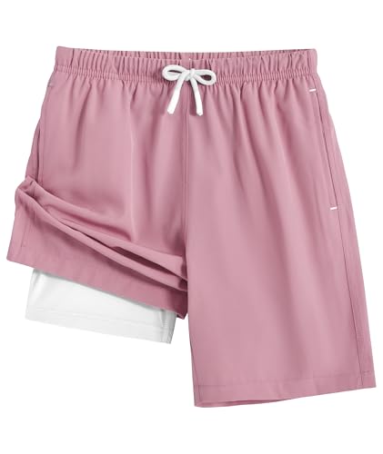 Zoofly Youth Swim Trunks with Liner Girls Stretch Beach Board Shorts Quick Dry Surfing Beach Boardshorts 2 in 1 Bathing Suits for Teen Light Pink White 14-16Y