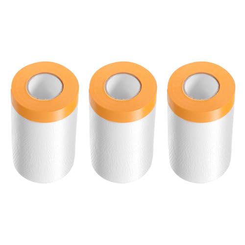 Image of HARFINGTON 3 Rolls Pre-Taped Masking Film 25.6 inch x65.6ft Tape and Drape Painters Plastic Drop Cloth Film with Tape Plastic Sheeting for Automotive Painting Covering