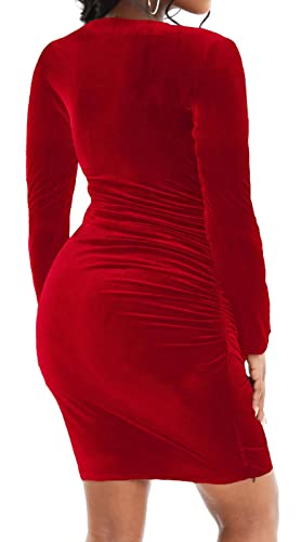 Image of SeNight Women's Sparkly Bodycon Dress V Neck Long Sleeve Ruched Mini