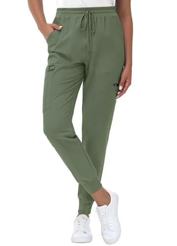 Image of MIVEI High Waisted Jogger Style Scrub Pants for Women - 8 Pockets Medical Bottoms Tapered Yoga Waistband Ribbed Ankle Cuffs