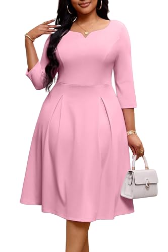 Image of Nmoder Fit-and-Flare Midi Dress V-Notch Neck Casual Dress Side Pockets | V-notch neckline;A-line swing silhouette; Soft breathable fabric; Perfect for church wedding guest work daily wear