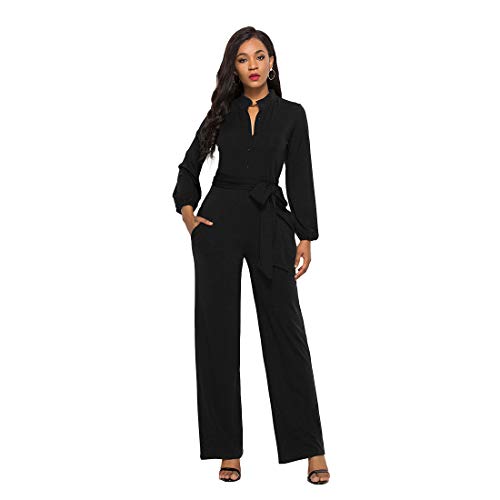 PanpanBox Combinaison Femme Pantalons Fluide Jambe Large Business Style Chemisier Tops Manches Longues Uni Overall Palazzo Relaxed Pants avec Ceinture (XXL, Noir) Cover