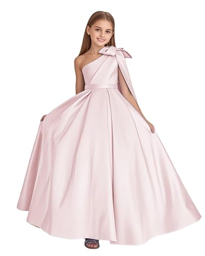 Flower Girl Dress One Shoulder Satin Long Pageant Dresses for Girls Ball Gown First Communion Dress with Bow