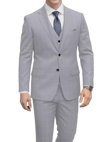 Mens Suit 3 Piece Slim Fit Checkered Plaid Suit Two Button Casual Business Wedding Party Blazer Vest Pants Set