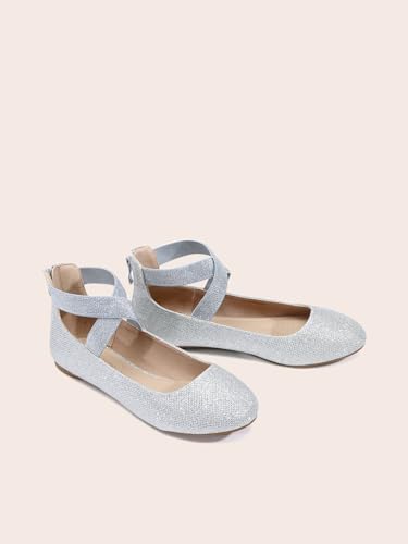 DREAM PAIRS Women's Comfortable Fashion Elastic Ankle Straps Flats Shoes,Size 8,Silver/Glitter,Sole_Stretchy