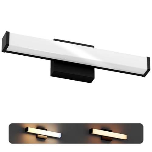 Image of 18 Inch Bathroom Vanity Light Fixtures with Night Light: Long Square Wall Mounted LED Lighting Bar Over Mirror with 5CCT & 2200K Color Changing, 120V, 780-900lm, ETL, Matte Black, 1 Pack