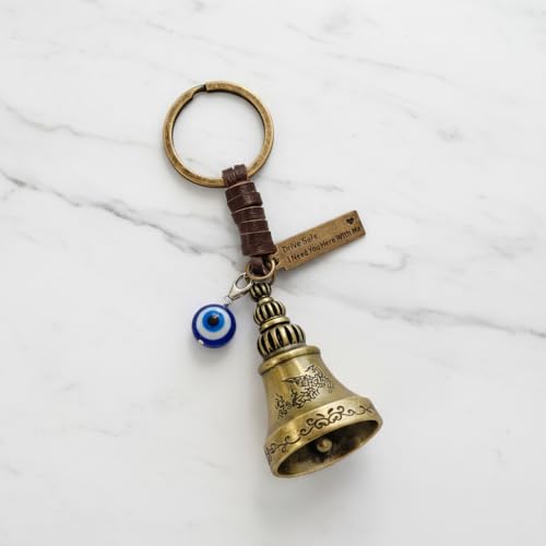Image of Guardian Bell For Bike Keychain with Leather Strap & Evil Eye Charm | Drive Safe I Need You Here With Me Tag | Antique Brass Lucky Bell Keyring for Bike Car Scooter | Gift for Men Riders