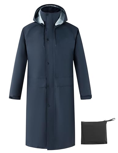 Ubon Mens Long Rain Coat Waterproof with Hood, Lightweight Rain Jacket Spring Windbreaker for Travel and Hiking, Navy Medium