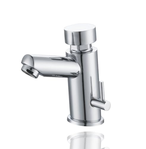 HOMSSY Robinet Temporisé pour Lavabo, Mitigeur 2 Eaux (Eau Chaude et Froide), Poussoir Mural, Design Chromé, Économie d’Eau, Contrôle Automatique