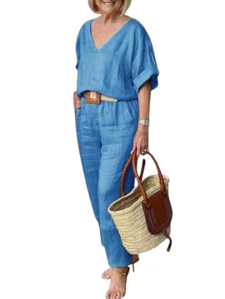 Women's Summer Linen 2 Piece Set V-Neck Top Wide Leg Pants Suits Plus Size Casual Loose Outfit with Pockets