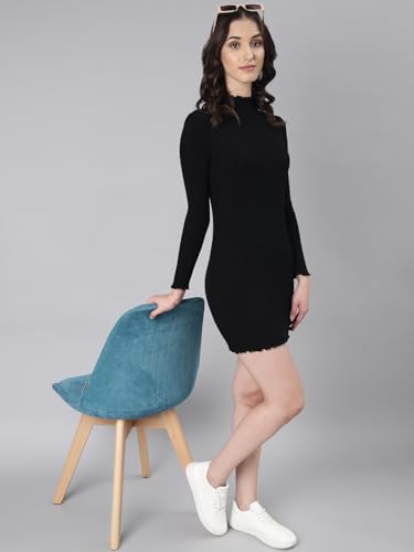 Image of SHOWOFFFF Women Solid Bodycon Casual Dress | High Neck Half Sleeves Knitted Dress for Womens | Above Knee Dress for Women's