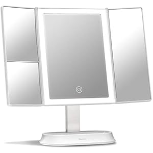 Fancii Espejo Maquillaje con Luz y Aumento 5X y 7X, Espejo de Mesa Cosmético con 40 Luces LED Naturales Regulables, Pantalla Táctil, USB o Batería y Soporte Ajustable - Sora (Blanco)