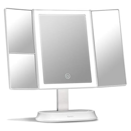 Fancii Trifold Makeup Mirror with Natural LED Lights, Lighted Vanity Mirror with 5x & 7x Magnifications - 58 Dimmable Lights, Touch Screen, Cosmetic Stand (Sora)