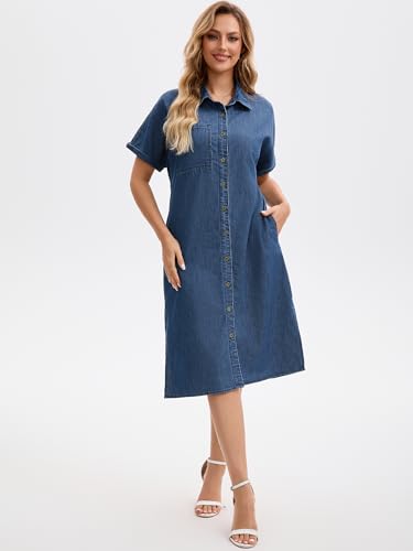 Image of Women's Midi Denim Dress Summer Short Sleeve Button Down Casual Loose Long Tunic Jean Shirt Dress