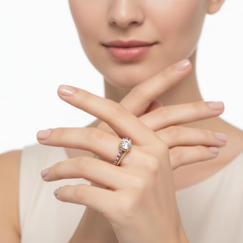 Image of Choose Your Gemstone Rope Split Shank Diamond CZ Ring Yellow Gold Plated Round Shape Split Shank Engagement Ring Minimal Modern Design Birthday Gift Wedding Gift US Size 4 to 12