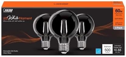 Feit Electric White Filament G25 E26 (Medium) Filament LED Bulb Soft White 60 Watt Equivalence 3 pk
