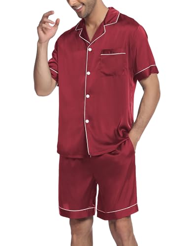 Image of Ekouaer Mens Satin Pajamas Set Button-Down Short Sleeve Shirt Top Soft Silk Sleepwear Shorts with Pockets