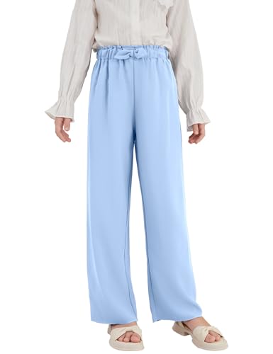 Image of Girls Wide Leg Palazzo Pant Loose Straight Cute Bow Waist Spring Summer Lightweight Dress Pant for Kids 5-14Y