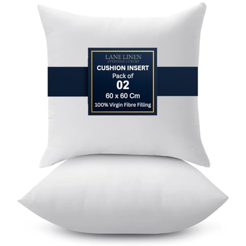 LANE LINEN Cushion Inserts (Pack of 2) 60x60 cm (24x24 inch) Throw Pillow Inserts - Hollowfibre Inner Pads for Sofa or Bed White Cushion Fillers