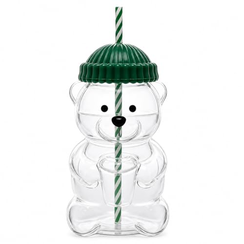 DSZDSXC Cute Bear Glass Tumbler with Lid and Straw 20 oz Green
