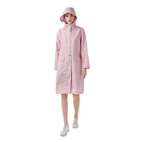 Freesmily Damen Stilvoller langer Regenmantel mit wasserdichter Regenjacke mit Kapuze (Rosa, L)