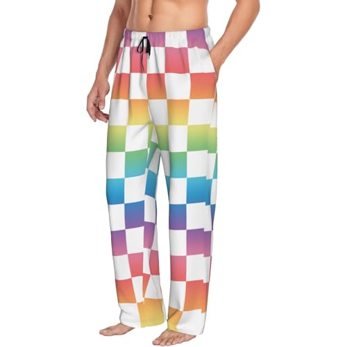 Mens Pajama Pants - Pastel Rainbow Checker Print Soft Sleep Lounge Pants For Men, Casual Pj Bottoms With Pockets