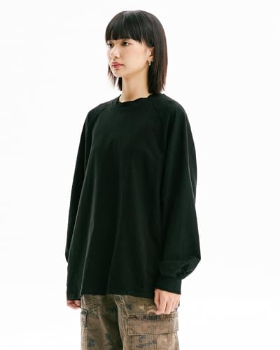 Vintage Washed Oversized Crewneck Long Sleeve Tee Unisex Relaxed Fit Raw-Edge Rib Raglan Sleeve Distressed Cotton Top2