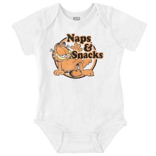 Image of Brisco Brands Funny Garfield Cartoon Naps N Snacks Baby Romper Boys or Girls
