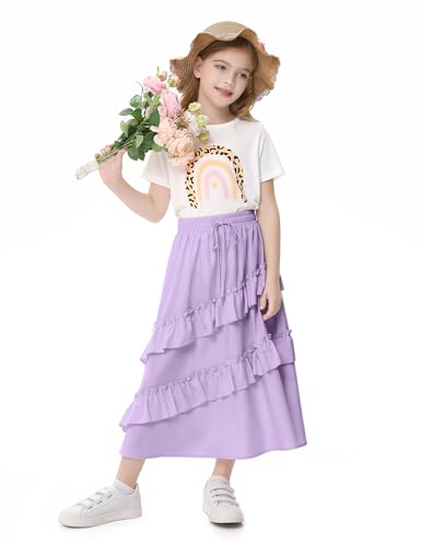 Image of Girls High Waisted Ruffle Maxi Skirt Soft Cotton Long Skirts with Elastic Waistband for Kid Girl 3-12 Years