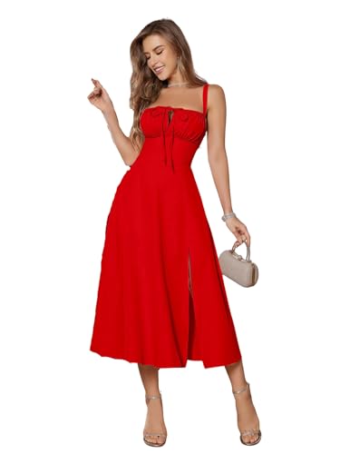 Image of Solid Lace Up Backless Ruched Boning Spaghetti Strap Slim Fit Long Cami Dress for Women's & Girl's