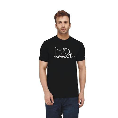 Men's Black T-Shirt with Printed Design, 100% Cotton