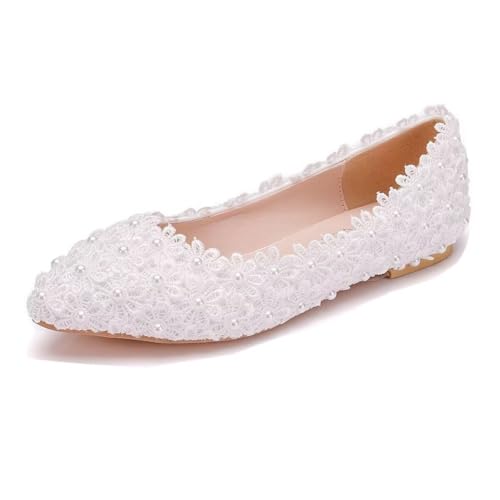 LUXINYU Women Beautiful Pearl Flower Lace Ballet Flats Slip on Lightweight Breathable Flats Comfortable Pointed Toe Casual Dress Shoes