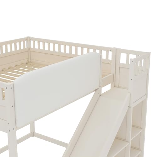 Image of Bellemave Bunk beds Queen Over Queen with Slide and Stair and upholstered Board, Low bunk /loft Bed for Kids,Beige