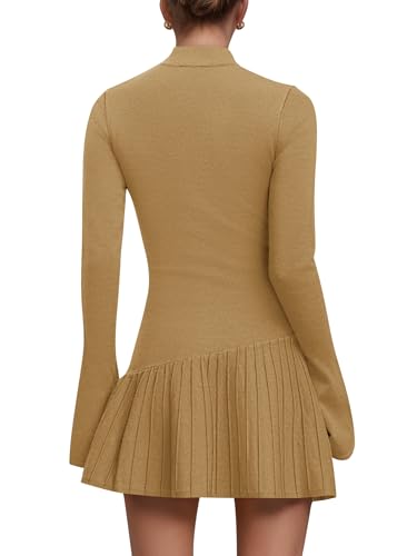 Women's Sweater Dress Crochet Ribbed Knit Ruffle Hem Flared Long Sleeve Mock Neck Mini Dress4