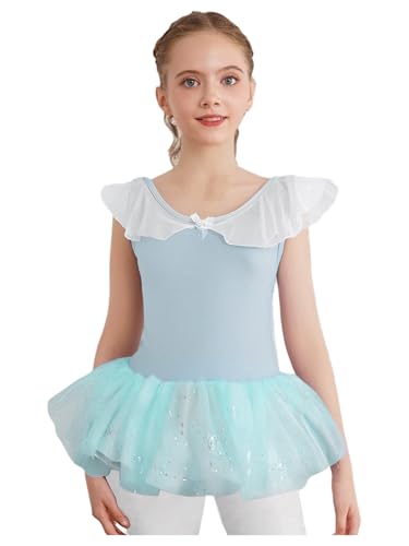 YEAHDOR Maillot de Danza con Falda Tutú para Niñas, Lentejuelas Brillantes y Sin Espalda, Cuello de Volantes para Competiciones Malla y Falda Azules 110/S
