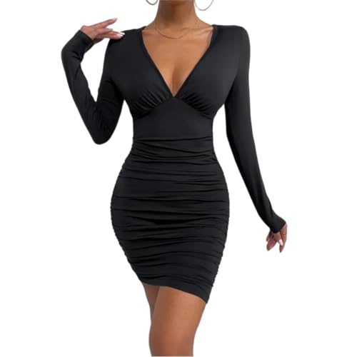 Mujer Vestido Corto Cruzado, Vestido de cóctel Negro Fruncido, Vestidos Ajustado de Manga Larga con Escote en Profundo, Minivestido Ajustado para Fiestas Informales, Discotecas y Raves