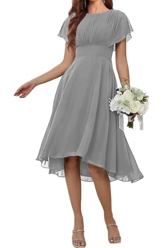 WSEYU Vestido de manga corta para madre de la novia, cuello redondo, formal, de noche, para abuela, longitud del té, plata, 48 Grande