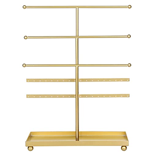 Mygift 5-Tier Gold Tabletop Metal Jewelry Necklace, Bracelet, Earring, Organizer With Ring Tray #TOP6