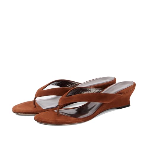 Women's Thong Wedge Heeled Sandals Slip On Flip Flop Slippers Leather & Suede Open Round Toe Fashion Dress Party Sandals Black Brown4