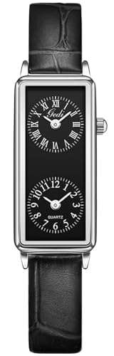 Gosasa Montre à quartz analogique vintage pour femme - Double fuseau horaire - Étanche - Deux cadrans - Chiffres romains et arabes - Bracelet en cuir pour...