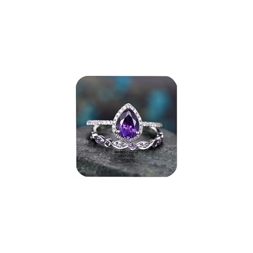 2 Pcs Gorgeous Purple Cubic Zirconia Bridal Prom Engagement Pear Shaped Teardrop Ring Set Marquise Matching Band Amethyst Birthstone Ring Eternity Engagement Wedding Band Ring for Women HM288 (7)