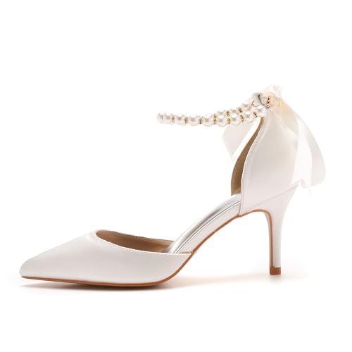 Wedding Shoes for Women Bridal Shoes Pearl Heels Closed Toe Pumps Silk-Like Satin Kitten Heel 3 Inch Bridal Heels for Bride Wedding Party Evening Casual2