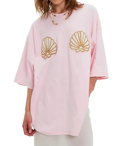 Amiblvowa Women Seashell Shirt Cute Beachy Tops Teen Beaded Shell Shirts