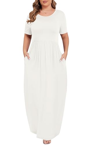 Image of KARALIN Women Plus Size Maxi Dress Short Sleeve Round Neck Loose Fit A-Line | Plus Size Long Dress,Summer Casual Maxi Dresses,Short Sleeve,Side Pockets,Round Neck,Elastic Waist,14 Plus - 26 Plus
