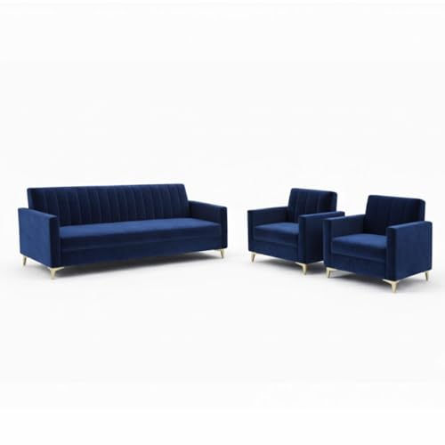 Image of Marvello 3+1+1 Fabric Sofa Set for Living Room | Soft Velvet Upholstery, Sturdy Wooden Frame | Stylish Sofa for Hall & Office Spaces (Dark Blue)