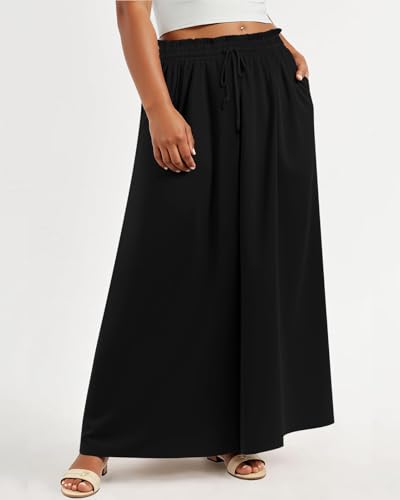 Lastshe Women's Plus Size Pants Wide Leg High Waist Flowy Casual Palazzo 2025 Summer Lounge Boho Beach Trousers Pockets2
